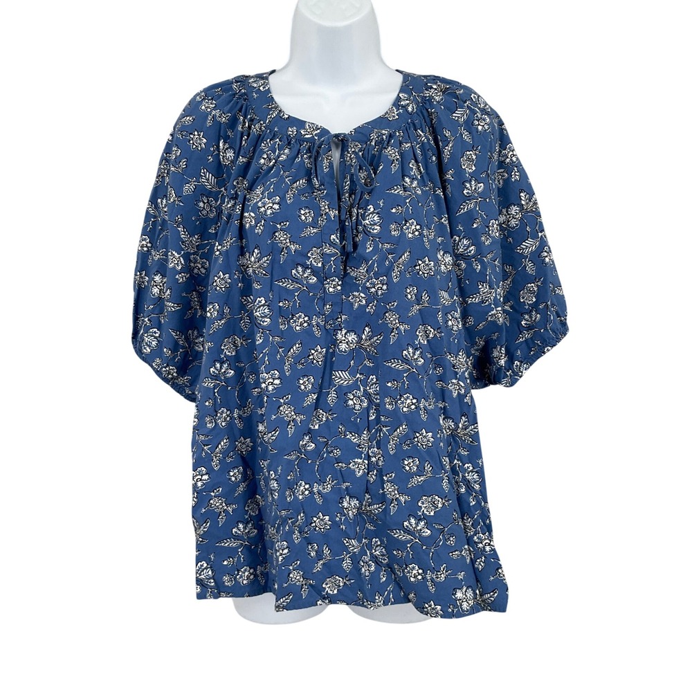 LOFT Blouse Women XL Blue Cotton Botanical Puff Sleeve Boho Romantic Cottagecore